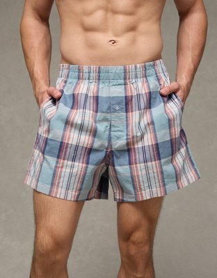AEO Men's Poplin Plaid Classic Pocket Boxer Short - Green Sand