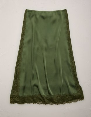 AE77 Satin Slip Lace Skirt - Olive
