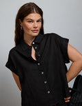 AE77 Boxy Cropped Linen-Blend Button-Up Shirt - Black