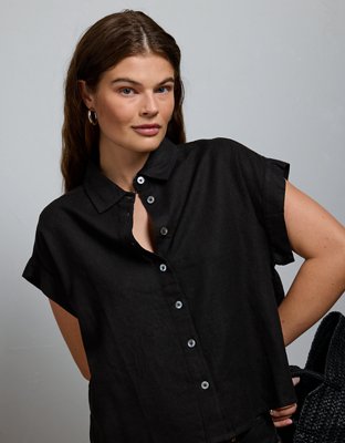 AE77 Boxy Cropped Linen-Blend Button-Up Shirt - Black
