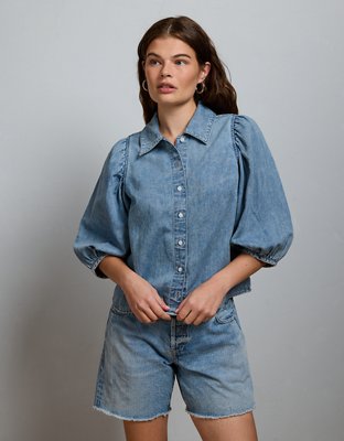 AE77 Puff-Sleeve Denim Shirt - Medium Wash