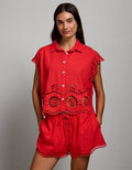 AE77 Embroidered Linen-Blend Button-Up Shirt - Red
