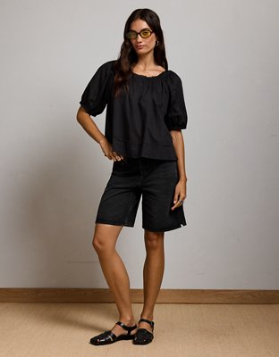 AE77 Puff Sleeve Cropped Top - Black