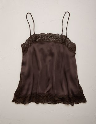 AE77 Satin Slip Lace Cami Top - Brown