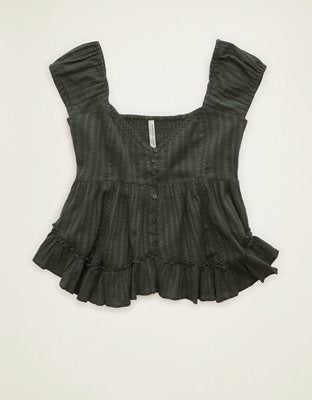 AE Lace Trim Babydoll Blouse - Olive