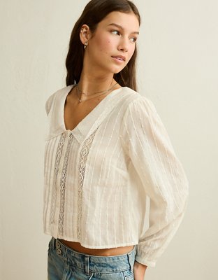 AE Lace Long-Sleeve Button-Up Blouse - Chalk