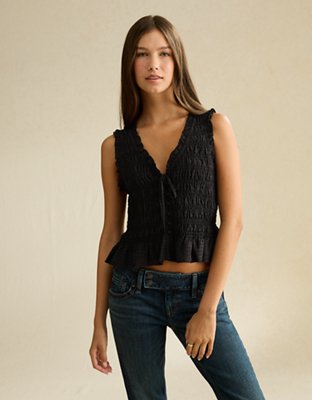 AE Ruched V-Neck Top - Black