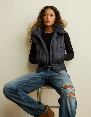 AE Fur Hood Puffer Vest - Black