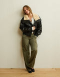 AE Fur Collar Vegan Leather Bomber Jacket - Black