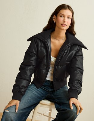 AE Vegan Leather Cropped Puffer Jacket - Black