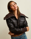 AE Shrunken Vegan Leather Bomber Jacket - Brown