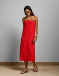 AE77 Embroidered Strapless Linen Tube Dress - Red