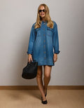 AE77 Premium Denim Shirt Dress - Medium Wash
