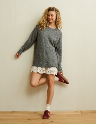 AE Oversized Sweater Lace-Trim Mini Dress - Dark Heather Gray