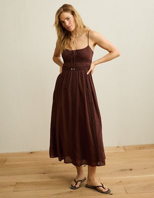 AE Tie-Front Lace Midi Dress - Chocolate