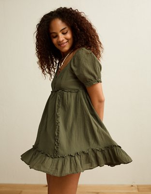 AE Babydoll Puff-Sleeve Embroidered Mini Dress - Olive Moss