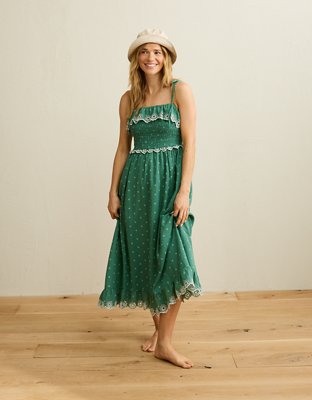 AE Smocked Tie-Strap Midi Dress - Green