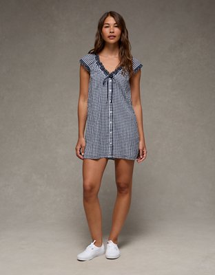 AE V-Neck Ruffled Button-Up Mini Dress - Navy