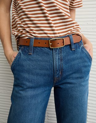 AE Rectangle Buckle Leather Belt - Cognac