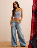 AE Low-Rise Lace Trim Baggy Ultra-Wide Leg Jean - Lace Blue