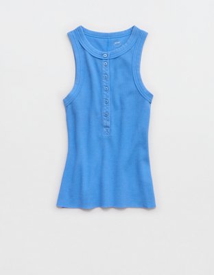 Aerie Unwind Waffle Henley Tank Top - Rome Blue