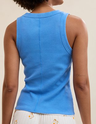 Aerie Unwind Waffle Henley Tank Top - Rome Blue