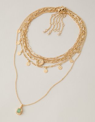 AE Green Stone Necklace 5-Pack - Gold