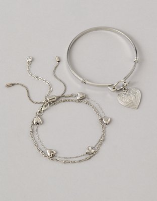AE Heart Bangle Charm Bracelet 3-Pack - Silver