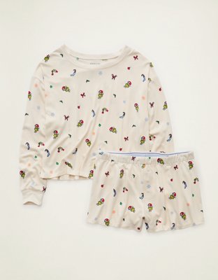 AE Luxe Plush Grinch Long Sleeve + Short PJ Set - Chalk