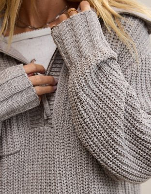 Aerie So Nostalgic Quarter Zip Sweater - Heathered Taupe