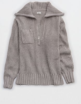 Aerie So Nostalgic Quarter Zip Sweater - Heathered Taupe