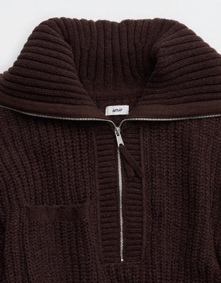 Aerie So Nostalgic Quarter Zip Sweater - Deep Earth