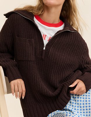 Aerie So Nostalgic Quarter Zip Sweater - Deep Earth