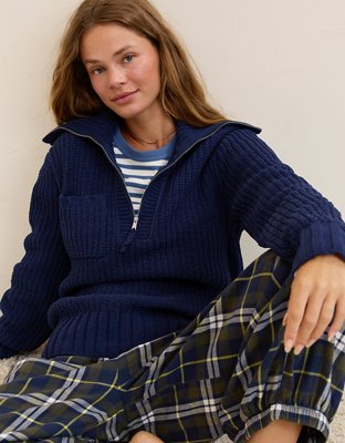 Aerie So Nostalgic Quarter Zip Sweater - Navy
