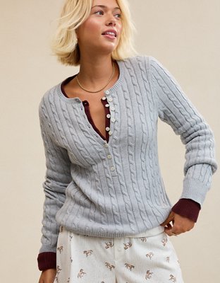 Aerie Cotton Cable Henley Sweater - Medium Heather Gray