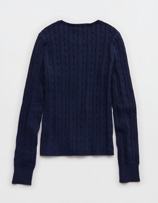 Aerie Cotton Cable Henley Sweater - Navy