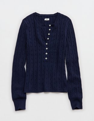 Aerie Cotton Cable Henley Sweater - Navy