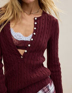 Aerie Cotton Cable Henley Sweater - Royal Berry
