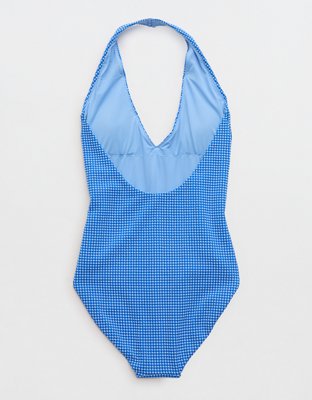 Aerie Gingham Halter Full Coverage One Piece Swimsuit - Island Water