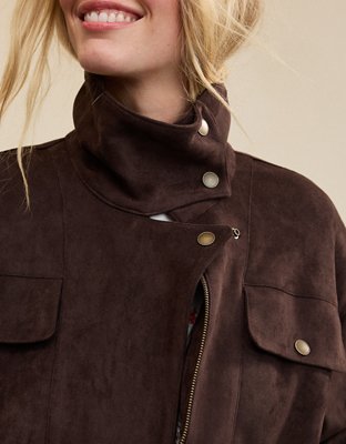 Aerie Faux Suede Bomber Jacket - Deep Earth