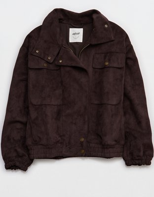 Aerie Faux Suede Bomber Jacket - Deep Earth