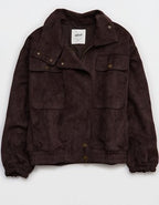 Aerie Faux Suede Bomber Jacket - Deep Earth