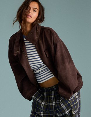 Aerie Faux Suede Bomber Jacket - Deep Earth