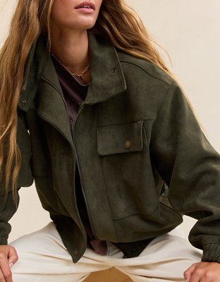 Aerie Faux Suede Bomber Jacket - Festive Olive