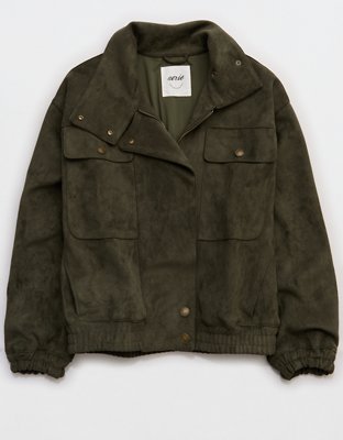 Aerie Faux Suede Bomber Jacket - Festive Olive