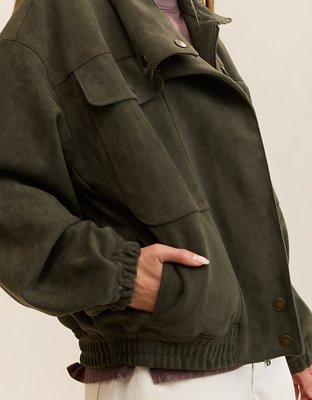 Aerie Faux Suede Bomber Jacket - Festive Olive