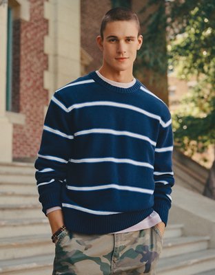 AE Striped Crew Neck Sweater - Navy
