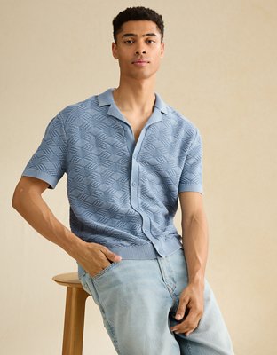 AE Garment-Washed Sweater Polo - Light Blue