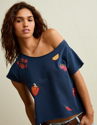 AE Off-the-Shoulder Graphic T-Shirt - Navy