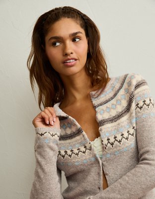 AE Whoa So Soft Shrunken Fairisle Cardigan Sweater - Brown